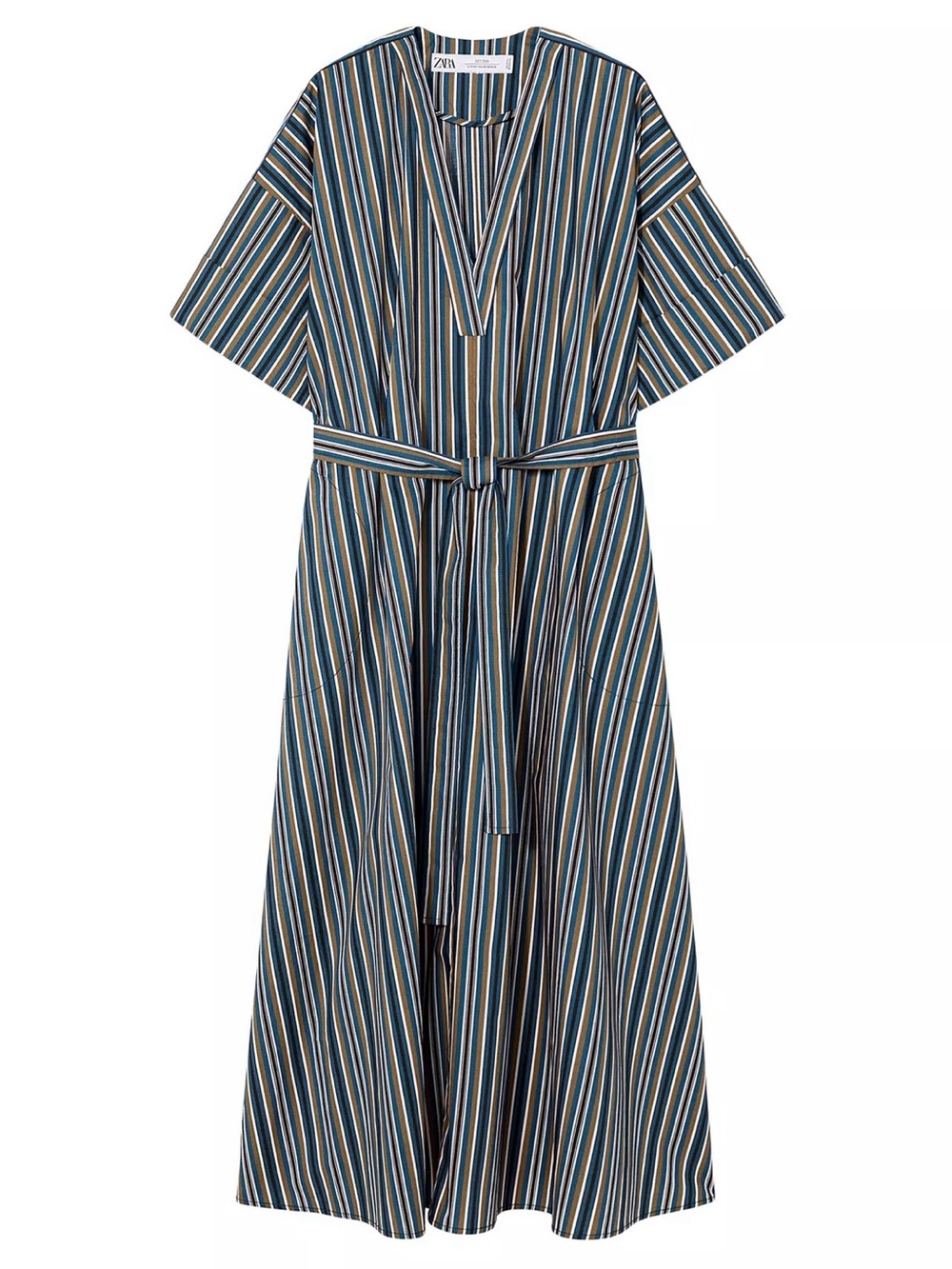 StudioZara Blue Striped Midi Dress with Tie Belt